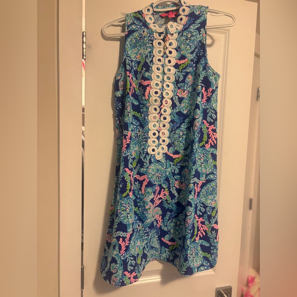 Lilly Pulitzer Blue, Teal & Pink Embroidered Shift Dress